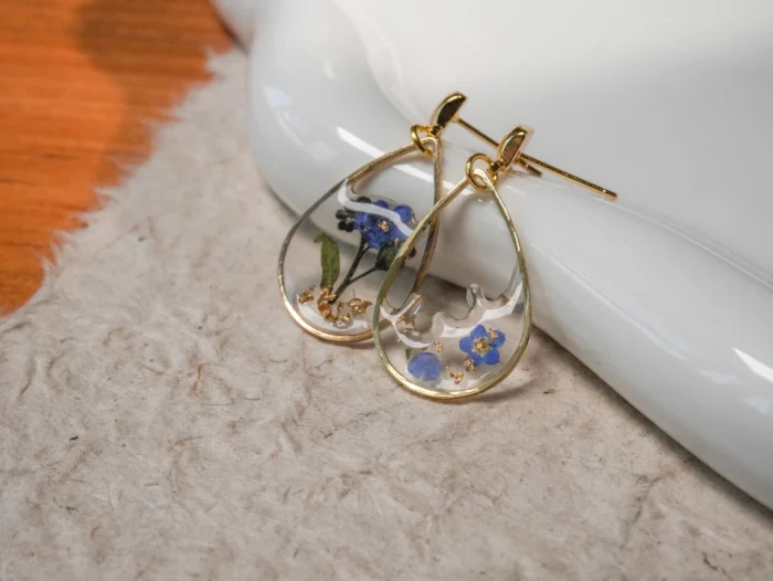Handmade Resin Forget-Me-Not Teardrop Earrings - Image 3