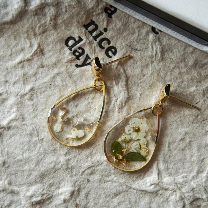 Handmade Resin Pressed Lily Teardrop Earrings - Image 3