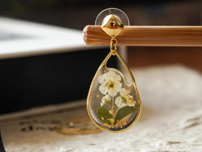 Handmade Resin Pressed Lily Teardrop Earrings - Image 7