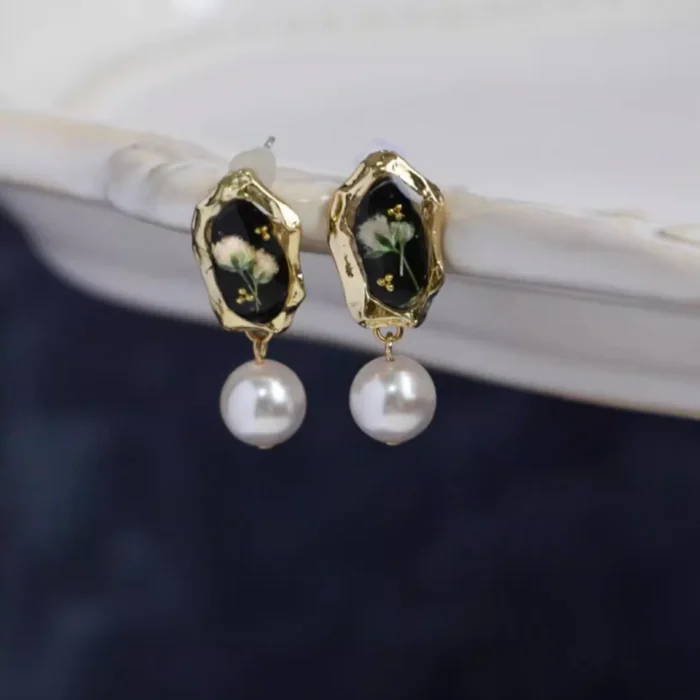 Handmade Resin Baby's Breath Pearl Drop Earrings - Image 2