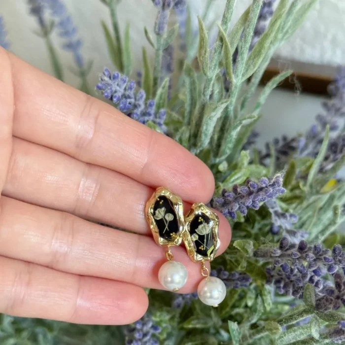 Handmade Resin Baby's Breath Pearl Drop Earrings - Image 4