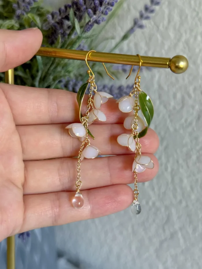 Handmade Resin Lily of the Valley Earrings with Curved Green Leaf - Image 4