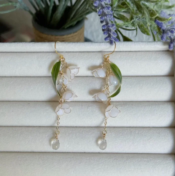 Handmade Resin Lily of the Valley Earrings with Curved Green Leaf - Image 2