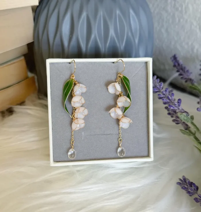 Handmade Resin Lily of the Valley Earrings with Curved Green Leaf - Image 3