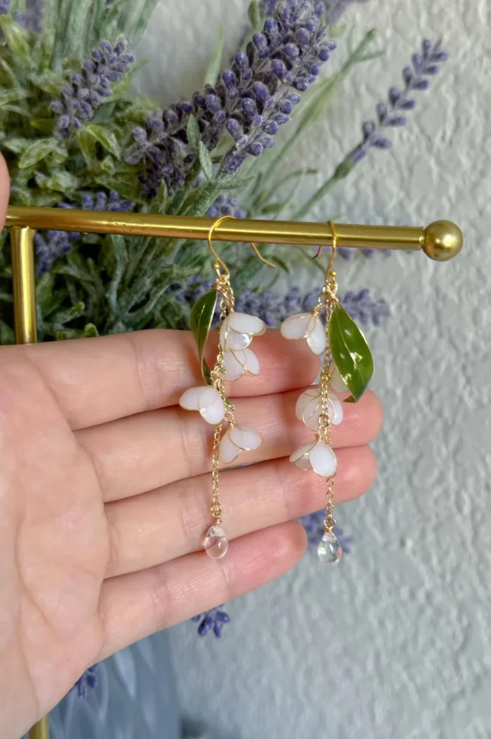 Handmade Resin Lily of the Valley Earrings with Curved Green Leaf - Image 5