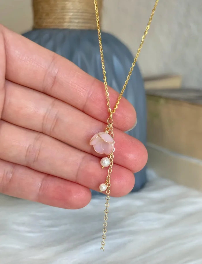 Handmade Lily of the Valley Resin Necklace– Single Pink Flower - Image 3