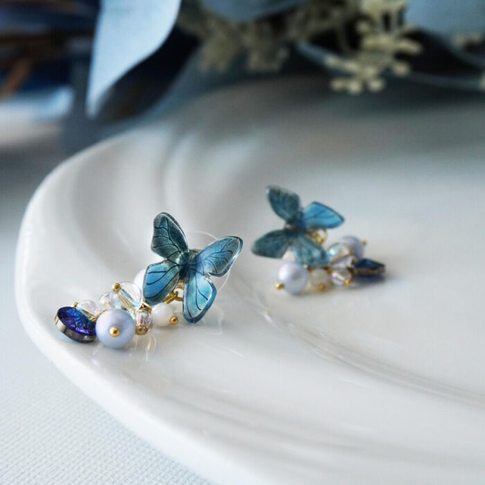 Handmade Butterfly Earrings: Pearl & Zircon, Sterling Silver Studs - Image 2