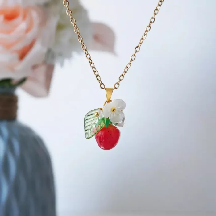 Handmade Resin One Strawberry Necklace: Floral Fruit Jewelry - Image 5