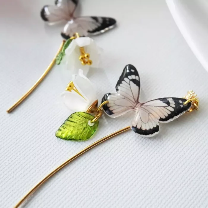 Handmade Resin Butterfly Lily of the Valley Earrings: Sterling Silver Hooks - Image 2