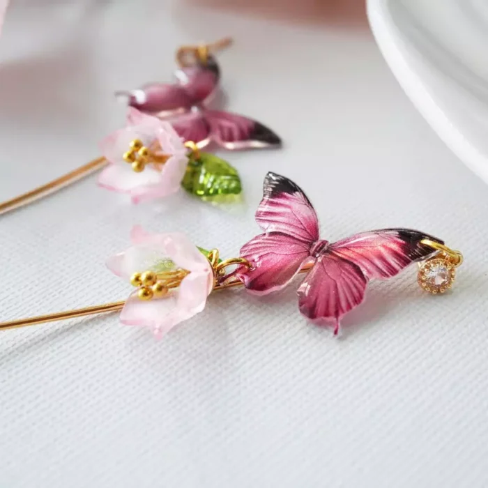 Handmade Resin Butterfly Lily of the Valley Earrings: Sterling Silver Hooks - Image 5