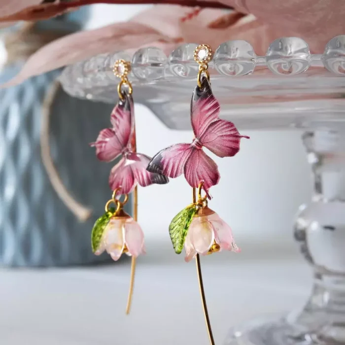 Handmade Resin Butterfly Lily of the Valley Earrings: Sterling Silver Hooks - Image 8
