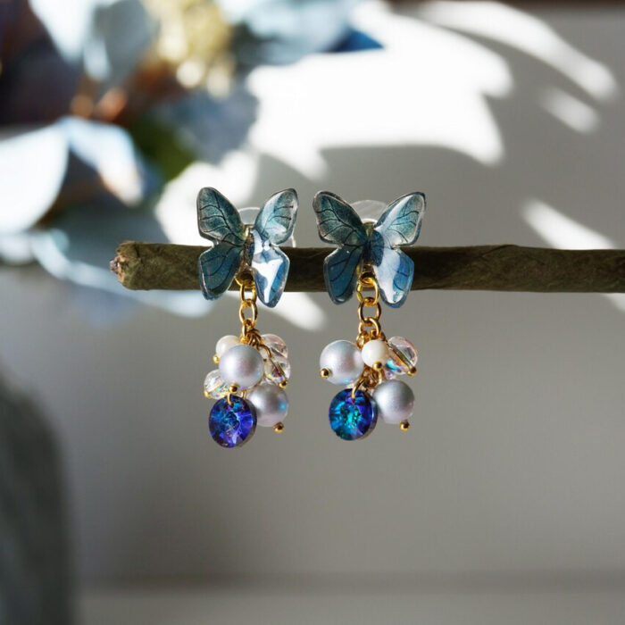 Handmade Butterfly Earrings: Pearl & Zircon, Sterling Silver Studs - Image 6
