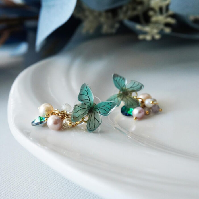 Handmade Butterfly Earrings: Pearl & Zircon, Sterling Silver Studs - Image 3