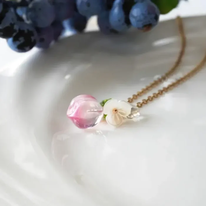 Handmade Resin One Peach White Flower Necklace - Image 3