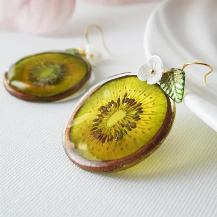 Handmade Resin Green Kiwi Slice White Flower Dangle Earrings - Image 2