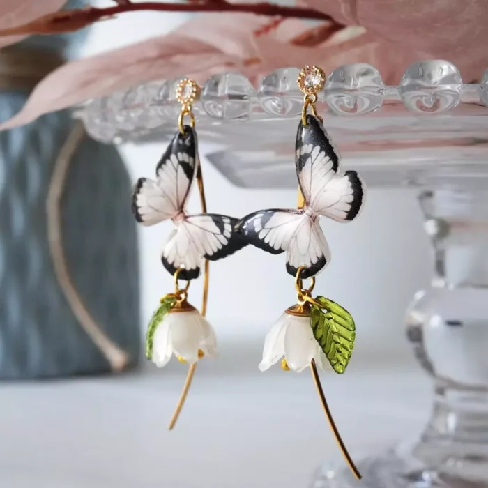 Handmade Resin Butterfly Lily of the Valley Earrings: Sterling Silver Hooks - Image 3