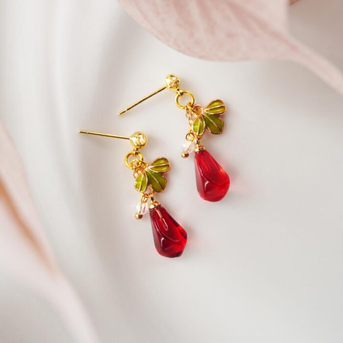 Handmade Czech Glass One Pomegranate Earrings: Sterling Silver Studs - Image 6