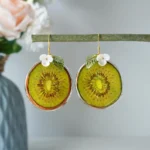 Handmade Resin Green Kiwi Slice White Flower Dangle Earrings