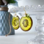 Handmade Resin Green Kiwi Slice White Flower Dangle Earrings - Image 5