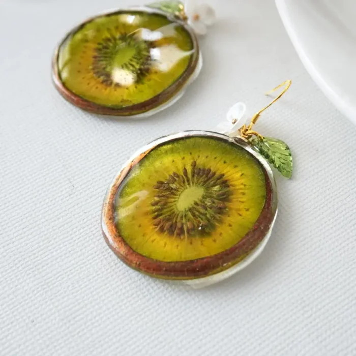 Handmade Resin Green Kiwi Slice White Flower Dangle Earrings - Image 3