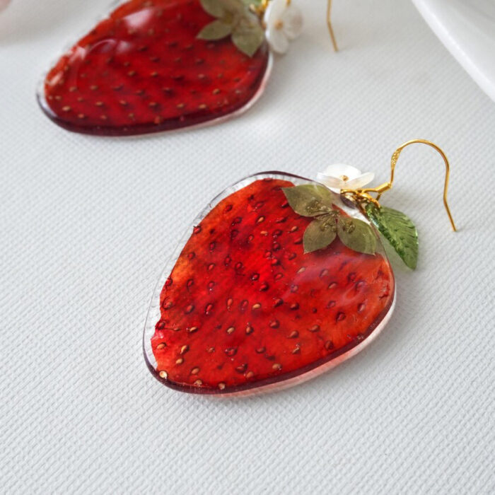 Handmade Resin Strawberry Slice Earrings: Sterling Silver Hooks - Image 3