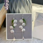 Handmade Resin Lily of the Valley Earrings with Curved Green Leaf