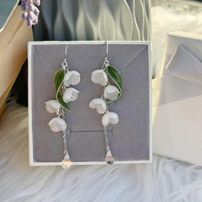 Handmade Resin Lily of the Valley Earrings with Curved Green Leaf - Image 6