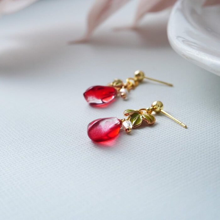 Handmade Czech Glass One Pomegranate Earrings: Sterling Silver Studs - Image 7
