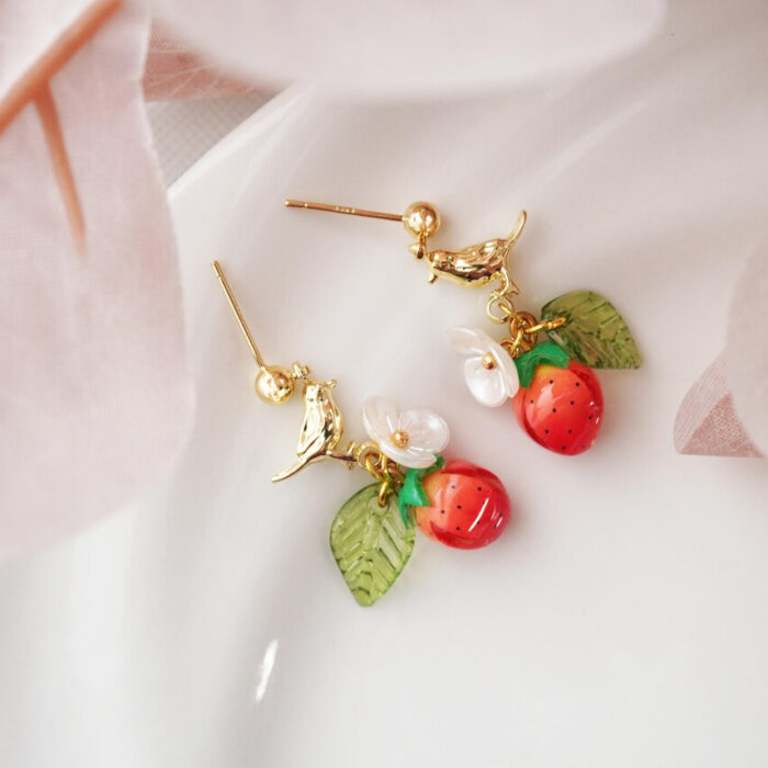 Handmade Strawberry Bird Earrings: Sterling Silver Studs - Image 2