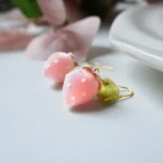 Handmade Fuzzy Resin One Strawberry Drop Earrings: Sterling Silver Hooks - Image 5