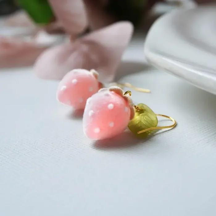 Handmade Fuzzy Resin One Strawberry Drop Earrings: Sterling Silver Hooks - Image 5