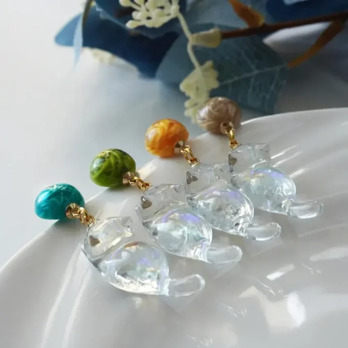 Holographic Resin Cat Drop Earrings: Sterling Silver Posts, Iridescent Charm - Image 2