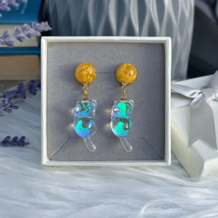 Holographic Resin Cat Drop Earrings: Sterling Silver Posts, Iridescent Charm - Image 7