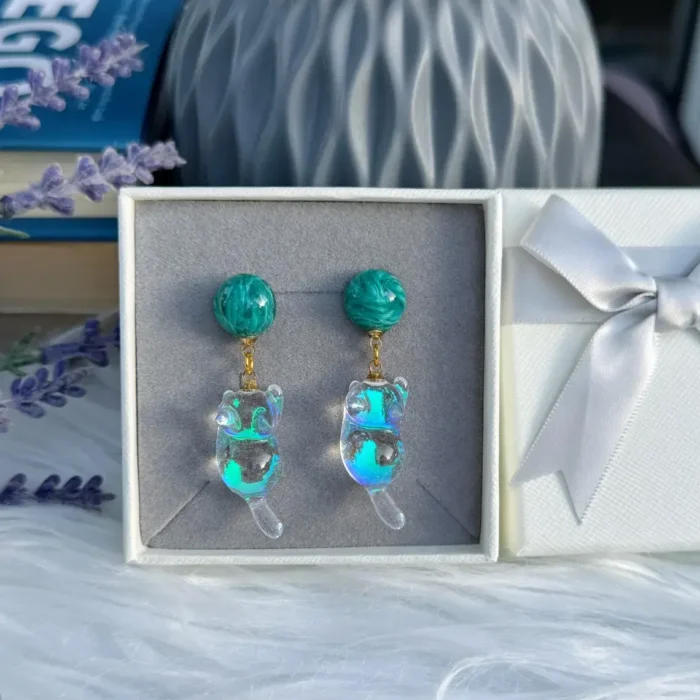 Holographic Resin Cat Drop Earrings: Sterling Silver Posts, Iridescent Charm - Image 8