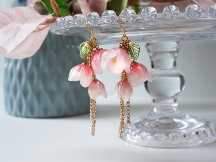 Handmade Resin Pink Jasmine Flower Earrings - Image 5