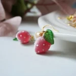 Handmade Fuzzy Resin One Strawberry Drop Earrings: Sterling Silver Hooks - Image 2