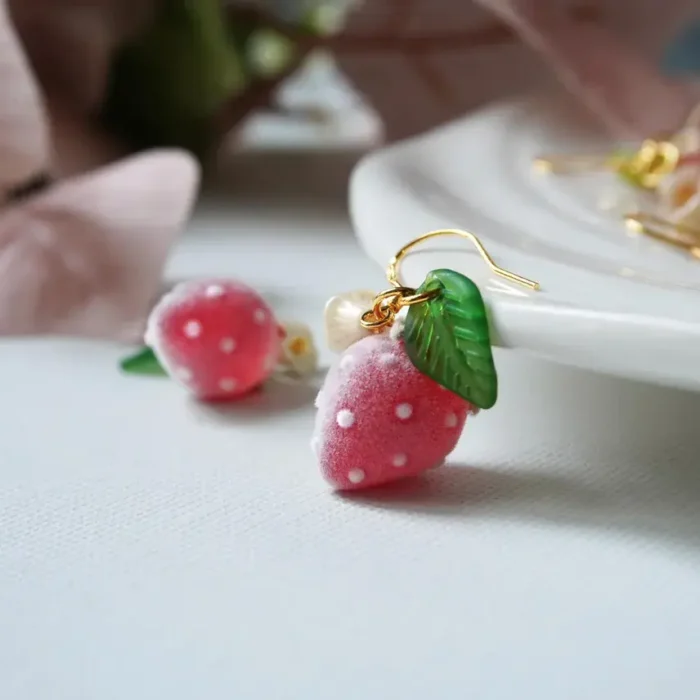 Handmade Fuzzy Resin One Strawberry Drop Earrings: Sterling Silver Hooks - Image 2