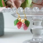 Handmade Fuzzy Resin One Strawberry Drop Earrings: Sterling Silver Hooks