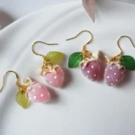 Handmade Fuzzy Resin One Strawberry Drop Earrings: Sterling Silver Hooks - Image 6