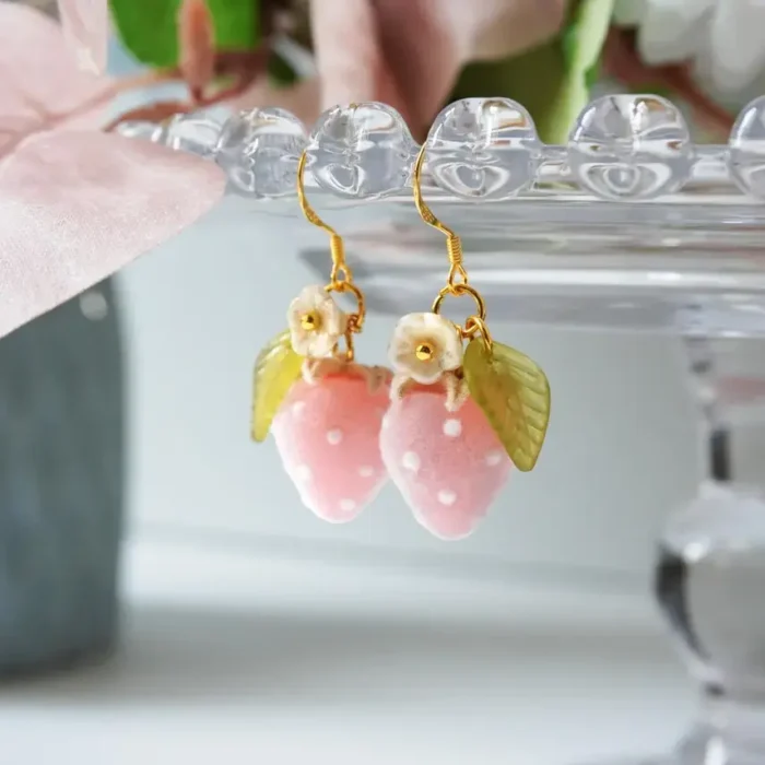 Handmade Fuzzy Resin One Strawberry Drop Earrings: Sterling Silver Hooks - Image 3