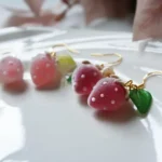 Handmade Fuzzy Resin One Strawberry Drop Earrings: Sterling Silver Hooks - Image 7