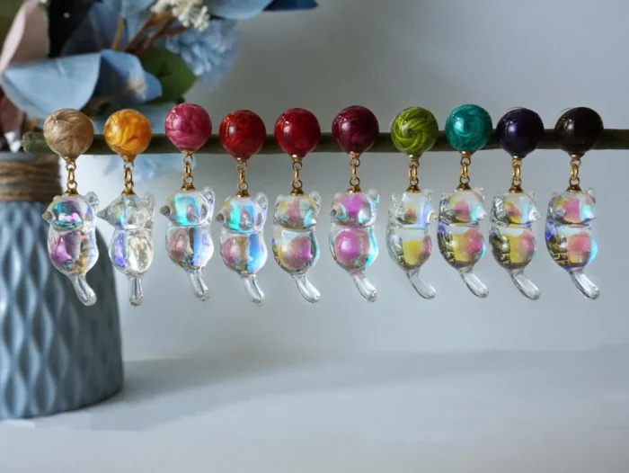 Holographic Resin Cat Drop Earrings: Sterling Silver Posts, Iridescent Charm - Image 6
