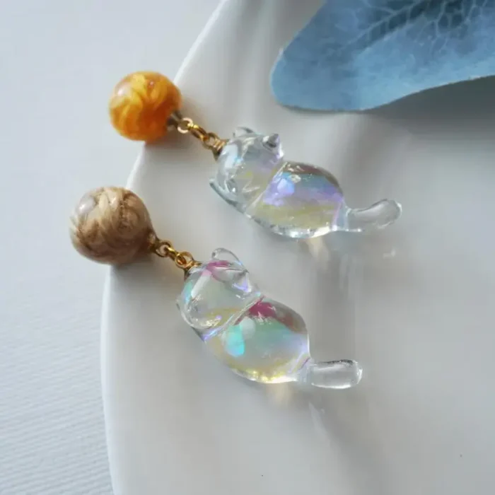 Holographic Resin Cat Drop Earrings: Sterling Silver Posts, Iridescent Charm - Image 5
