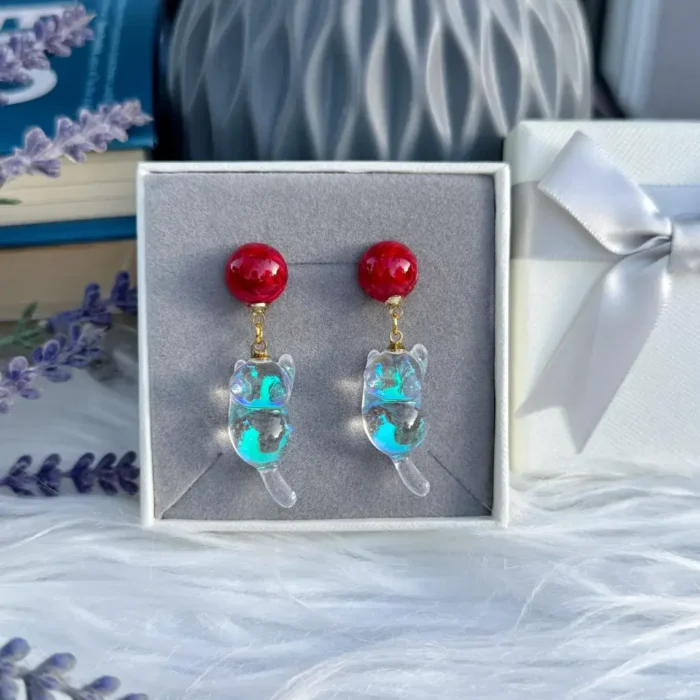 Holographic Resin Cat Drop Earrings: Sterling Silver Posts, Iridescent Charm - Image 9