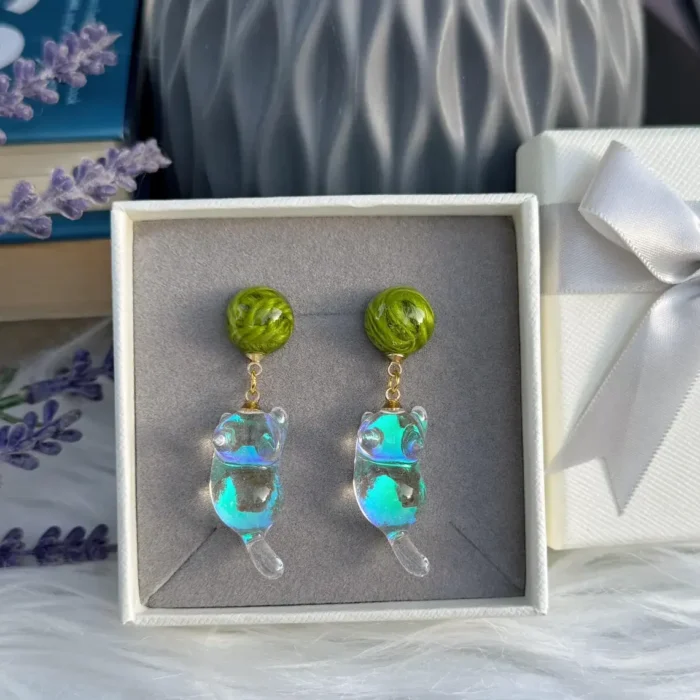Holographic Resin Cat Drop Earrings: Sterling Silver Posts, Iridescent Charm - Image 10