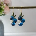 Handmade Resin Blueberry Drop Earrings with White Flower & Leaf | Cute Fruit Jewelry | Nature-Inspired Gift for Her