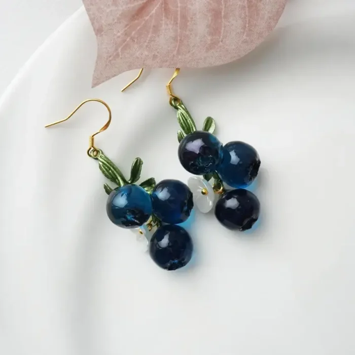Handmade Resin Blueberry Drop Earrings with White Flower & Leaf | Cute Fruit Jewelry | Nature-Inspired Gift for Her - Image 3