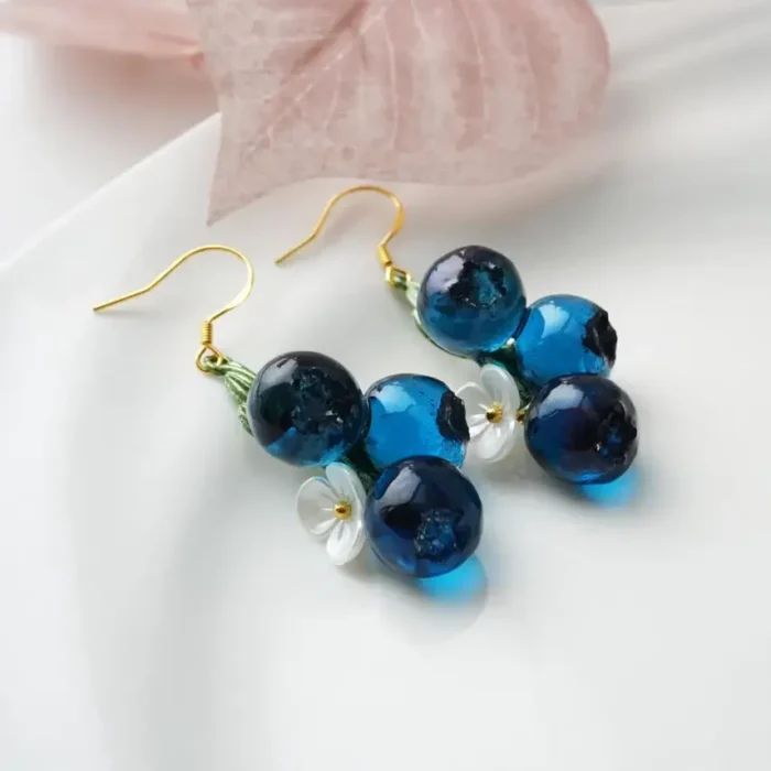 Handmade Resin Blueberry Drop Earrings with White Flower & Leaf | Cute Fruit Jewelry | Nature-Inspired Gift for Her - Image 6