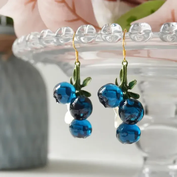 Handmade Resin Blueberry Drop Earrings with White Flower & Leaf | Cute Fruit Jewelry | Nature-Inspired Gift for Her - Image 7