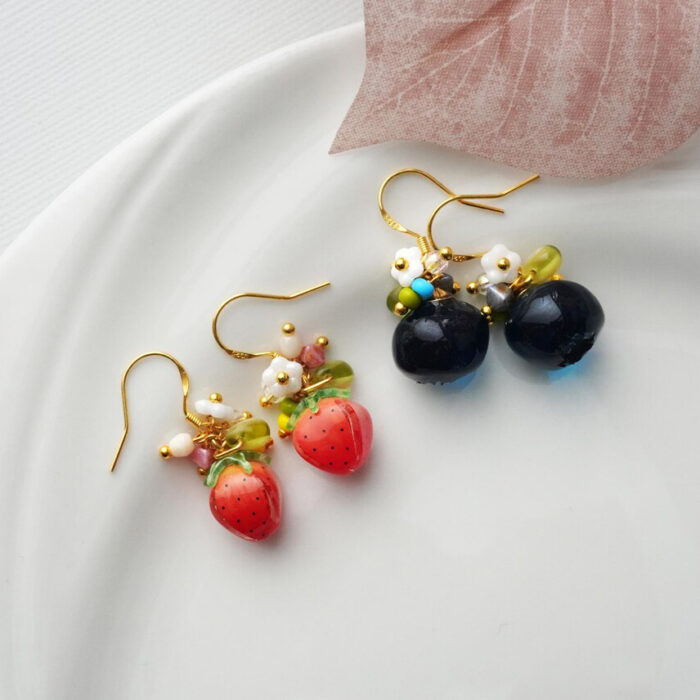Handmade One Blueberry Drop Earrings | Resin & Czech Beads Fruit Jewelry - Image 4
